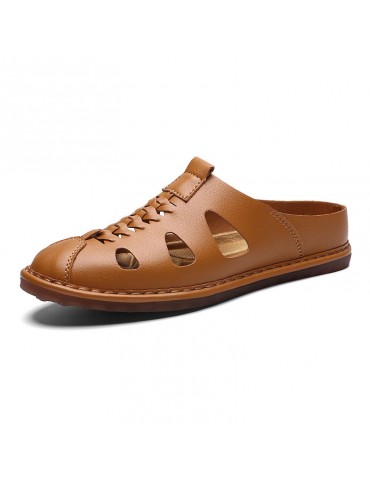 Large Size Men Stitching Soft Sole Leather Backless Loafer Casual Sandals