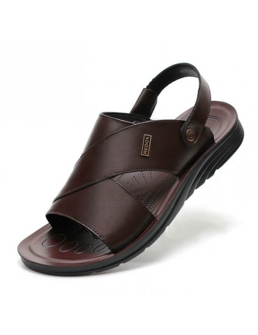 Men Genuine Leather Pure Color Non-slip Casual Beach Sandals