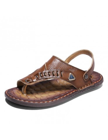 Men Genuine Leather Metal Buckle Clip Toe Casual Sandals