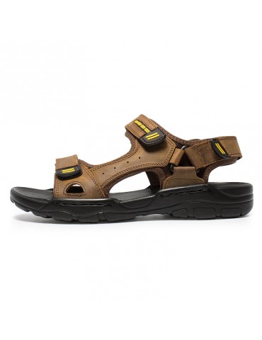 Men Genuine Leather Slip Resistant Hook Loop Outdoor Casual Beach Sandals