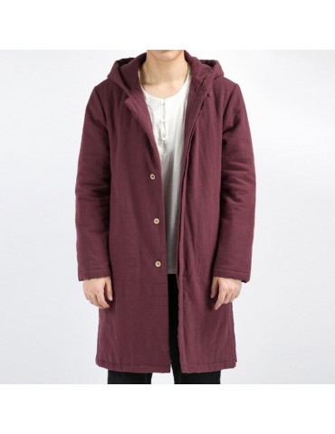 Mens National Cotton Linen Hooded Collar Solid Color Long Sleeve Thicken Coat Casual Midlong Jacket