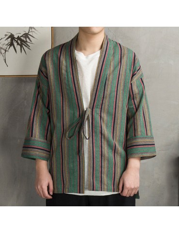 Men Loose Thin Striped Retro Design Cotton Linen Coat