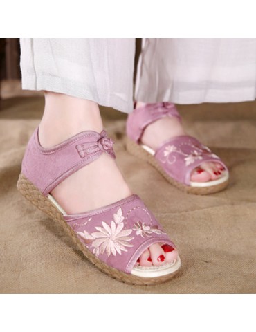 Women Folkways Casual Cotton Flowers Embroidered Peep Toe Buckle Flats