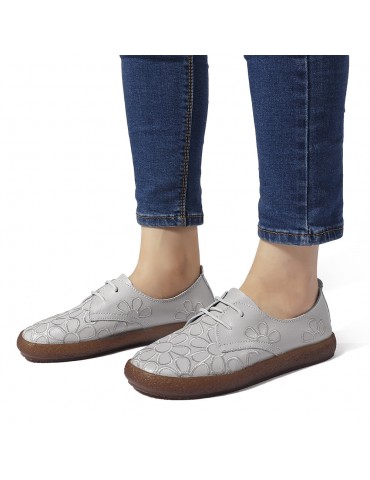 Floral Leather Soft Lace Up Flat Casual Shoes