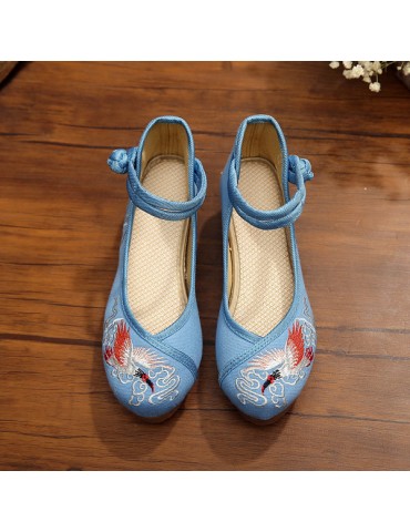 Crane Cloud Embroidery Chinese Knot National Wind Lace Up Wedge Heel Shoes