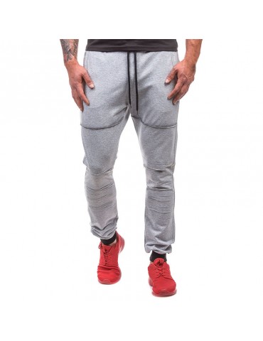 Mens Solid Color Holes Drawstring Slim Fit Training Running Casual Sport Pants