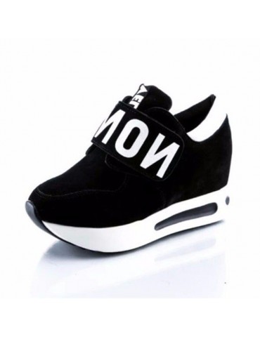 Black White Letter Cloth Hook Loop Flat Running Sport Casual Shoes