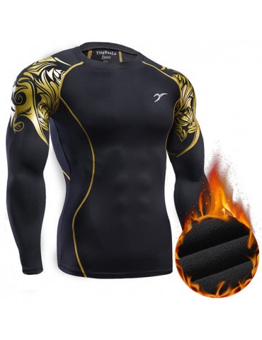 Mens Fitness Training Tight Fleece Lined Thick T-shirt Elastic Quick-drying Long Sleeve Tops