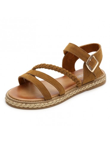 Suede Metal Buckle Opened Toe Flat Summer Sandals