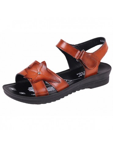 Leather Pattern Hook Loop Comfortable Flat Sandals