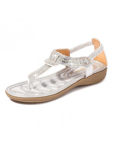 Rhinestone Clip Toe T Shape Slip On Beach Casual Flat Sandals