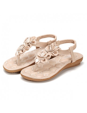 Flower Bohemia Clip Toe Elastic Flat Sandals For Women