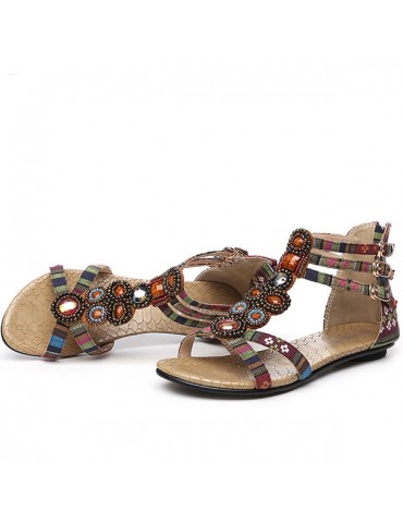 Bohemia Bead Crystal Hollow Out National Wind Retro Peep Toe Buckle Ankle Zipper Sandals