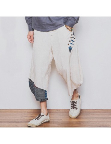 Mens Breathable Cotton Linen Calf Length Harem Pants Baggy Loose Drawstring Casual Shorts