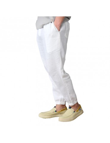 Mens Cotton Thin Breathable Ankle-Length Drawstring Casual Harem Pants