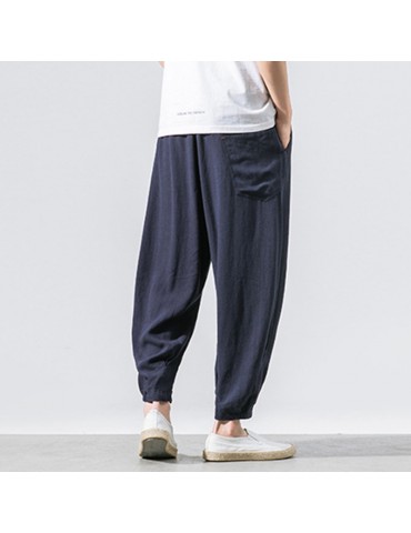 Mens Thin Linen Breathable Solid Color Loose Drawstring Casual Harem Pants