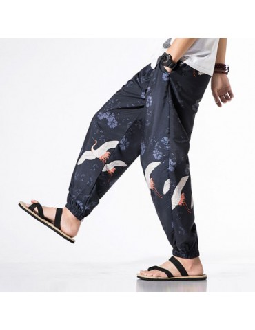 Mens National Style Crane Printing Loose Drawstring Casual Harem Pants