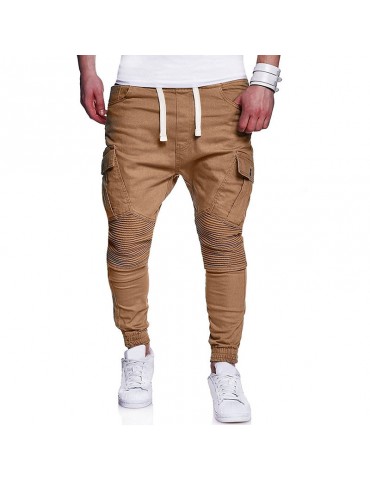 Mens Multi-pocket Cargo Pants Elastic Waist Solid Color Slim Fit Casual Trousers