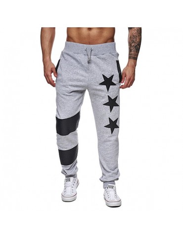 Mens Sport Pants Elastic Waist Drawstring Stars Pattern Casual Sportwear