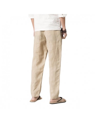 Mens Cotton Linen Breathable Loose Pants Zip Fly Elastic Waist Solid Color Casual Pants