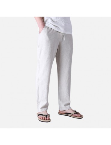 Mens Casual Loose Straight Pants Elastic Waist Retro Cotton Pants