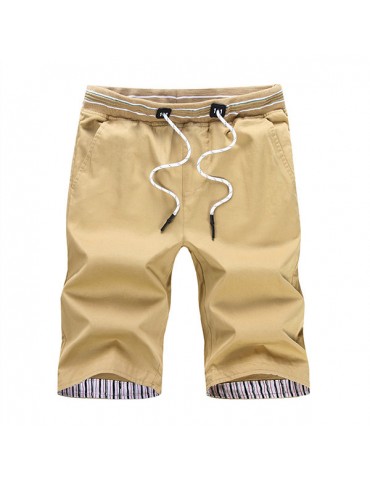 Mens Elastic Waist Cotton Thin Breathable Solid Color Knee Length Regular Fit Casual Beach Shorts