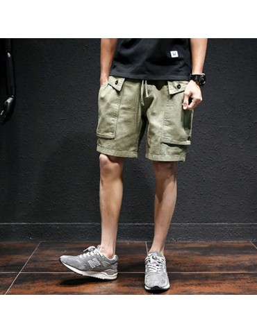 Mesn Outdoor Big Pocket Cargo Shorts Solid Color Casual Knee Length Cotton Shorts