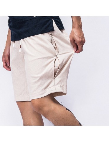 Mens Summer Cotton Linen Elastic Waist Drawstring Solid Color Knee Length Casual Beach Shorts