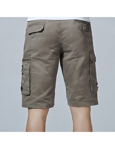 Mesn Outdoor Multi-pocket Cargo Shorts Solid Color Knee Length Casual Cotton Shorts