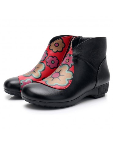 Plus Size Women Folkways Warm Genuine Leather Flowers Zippers Ankle Boots