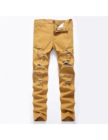 Khaki High Elastic Knee Zipper Opening Holes Ripped Jeans for Men