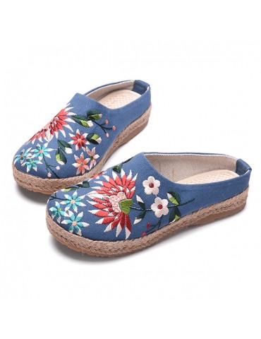 Embroidered  Flat Flax Casual Floral Backless Slipper