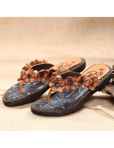 Flower Genuine Leather Flip Flops Folkways Beach Slippers