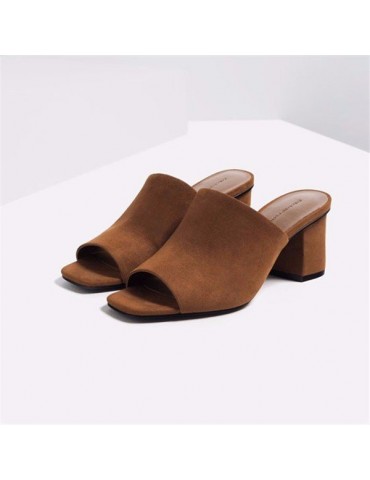 Pure Color Suede Peep Toe Slip On Square Heel High Heels Sandals