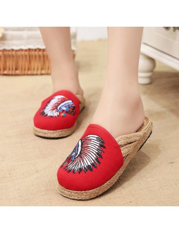 Embroidered Open Heel flax National Wind Slip On Slippers