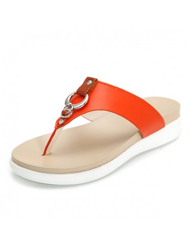 Big Size Metal Clip Toe Leather Flat Casual Beach Slippers