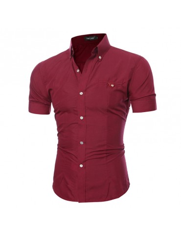 Summer Chest Pocket Solid Color Slim Fit Short Sleeve Shirts For Men