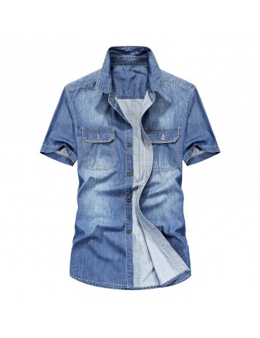 Casual 100% Cotton Thin Short Sleeve Denim Shirts For Men