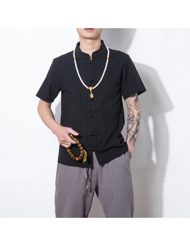 Men Casual Retro Chinese Button Slim Fit Cotton Linen Shirt