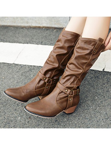 Almond Buckle Strap Motorcycle Boots