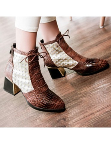 Snakeskin Patent Leather Hollow Square Heel Boots