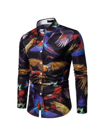 Men's Printing Fitness Cotton Turn Down Collor Botton Long Sleeve Shirt