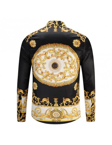 Mens Vintage Golden Printing Single-breasted Long Sleeve Business Casual Dress Shirt