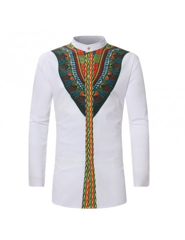 Retro Ethnic Printing Long Sleeve Loose Stand Collar Shirt for Men