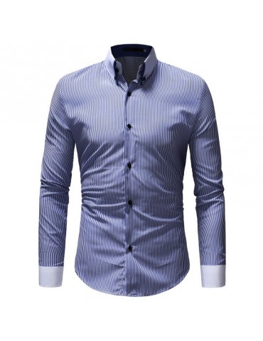 Mens Spring Autumn Turn-Down Collar Solid Long Sleeve Striped Shirt