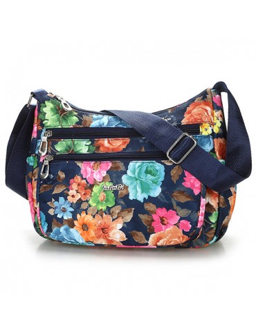 Women Waterproof Nylon Pint Flower Shoulder Bag Multi-Zipper Pocket Crossbody Bag