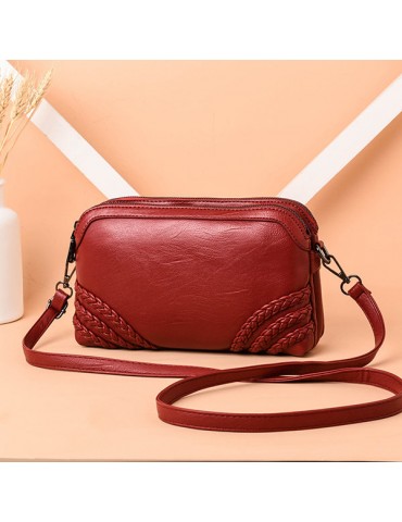 Women Vintage Soft PU Leather Crossbody Bag Solid Double Layer Shoulder Bag