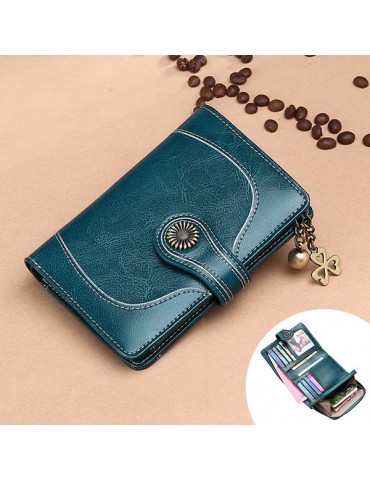 Trifold Women Oil Wax Genuine Leather 12 Card Slot Short Wallet Vintage Coin Purse