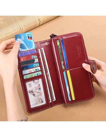 Women Bifold Oil Wax Genuine Leather Long Wallet 10 Card Slot Phone Purse Vintage Coin Bag