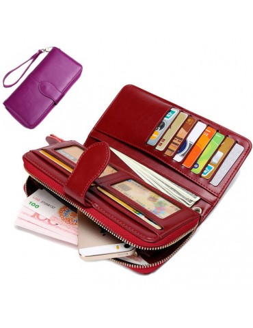 Women Retro Genuine Leather Long Wallet Card Holder Phone Purse